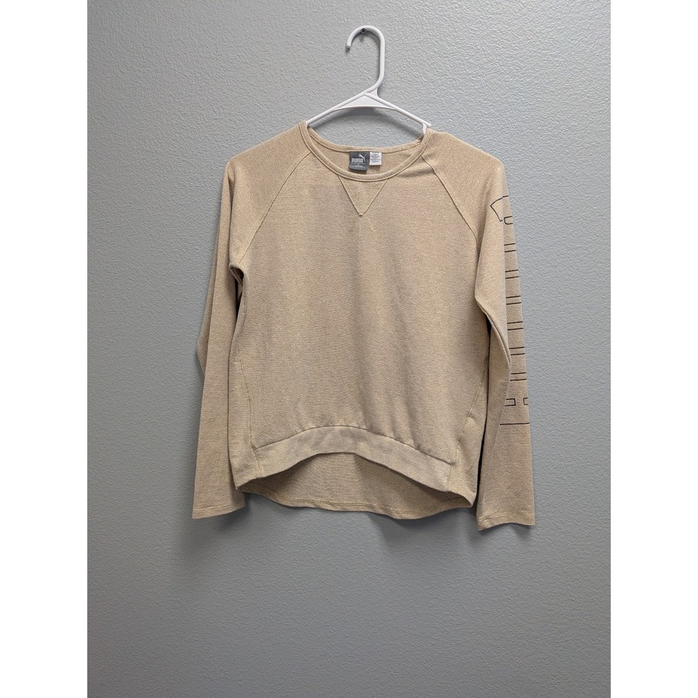 Puma Girls‎ Tan Gold Metallic Shimmer Raglan Sweatshirt Logo Sleeve Size L 12-14